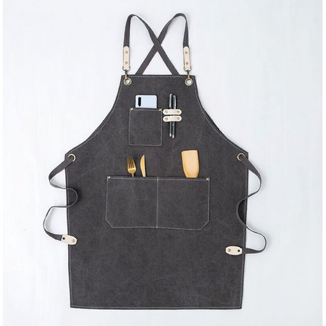 Tablier de travail homme/femme, tablier de cuisine, sangle en toile réglable avec 3 poches, tablier de charpentier pour barbecue, boulanger, charpentier, tatoueur, coiffeur, barista, peintre - Gris (1/5)