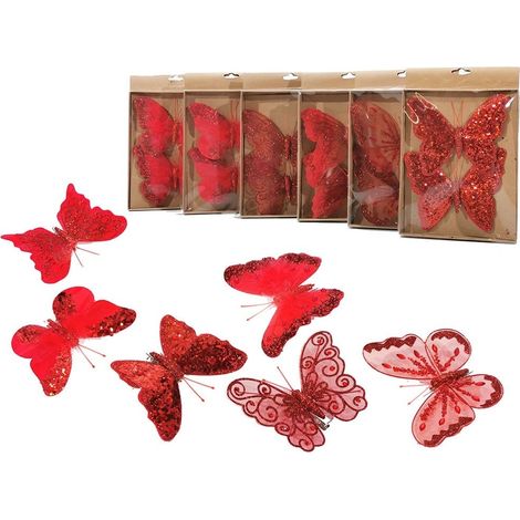 Farfalla rossa addobbi decorazioni per albero di natale 6pz ornamenti casa negozi vetrine particolari moderno o vintage 18 cm (1/5)
