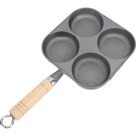 Poêle à œufs 4 tasses antiadhésive, facile à nettoyer, poêle en fer avec manche en bois pour petit-déjeuner (1/5)