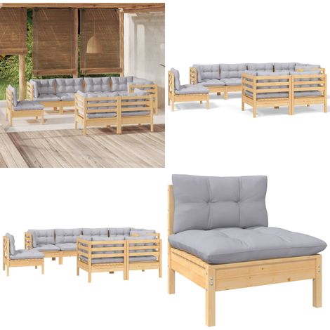 8-tlg. Garten-Lounge-Set mit Grauen Kissen Kiefer Massivholz - Gartensessel - Lounge Set - Gartenmöbeln - Rattan Möbel - Kiefernholzmöbel - Home & Living (1/5)