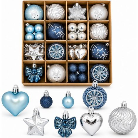Set mit 64 blau-silbernen Weihnachtskugeln (3 bis 6 cm).
Unzerbrechlicher Weihnachtsbaumschmuck: Kugeln, Herzen, Sterne und Schleifen – geeignet für Kaminsims, Kranz und als Innendekoration. (1/5)