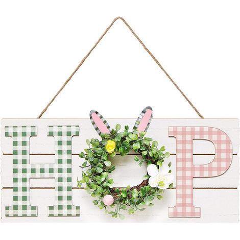 Couronne de fleurs en bois avec lapin, décoration de Pâques à suspendre (1/2)