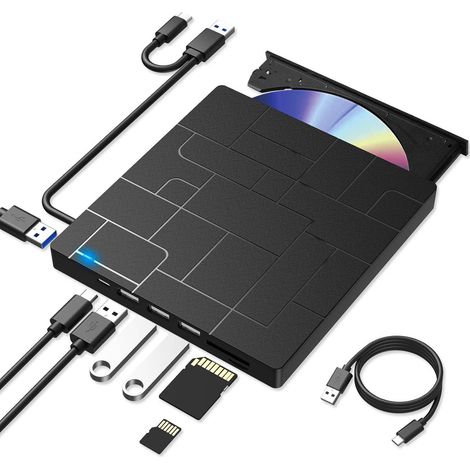 Externes optisches Laufwerk für Laptops – Ultraschlanker 7-in-1 USB 3.0 tragbarer DVD-Player, Brenner und externes optisches Laufwerk kompatibel mit Laptops, Desktop-PCs und den Betriebssystemen Windo