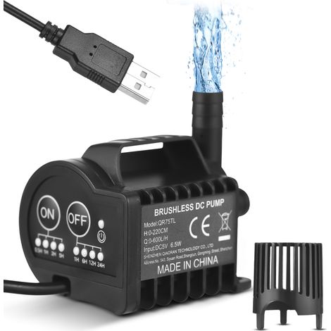 Mini-5V-Wasserpumpe mit 4-stufiger Timerfunktion, Beschleunigungs- und Verzögerungsfunktion, max. 600 l/h Fördermenge, 2,2 m Förderhöhe, 2 m USB-Ladekabel und Saugnapfbasis