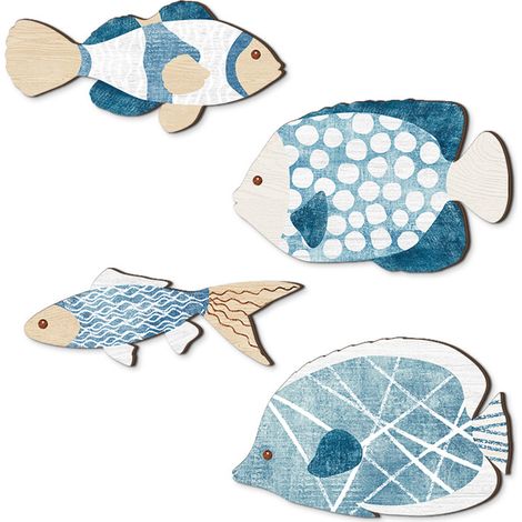 Décoration Murale [Lot 4 Pièces] Bois Flotté Design Nordique Marine, Plaque Bois Décorative, Pendentif Poissons pour Salle de Bain (1/5)