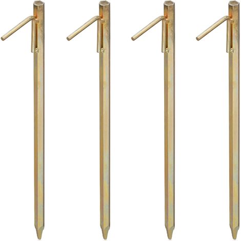 Relaxdays Tent Pegs Set of 4, Ground Anchor for Hard Soil, Camping, Galvanised Steel Hooks, Metal, Durable, 50cm, Gold