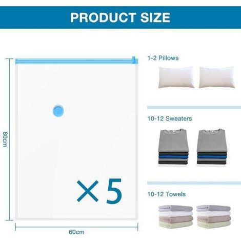 Sac Rangement Sous Vide Aspirateur,Sac Vetement Reutilisable,avec Pompe Manuelle 60x80cm-5pcs (1/5)