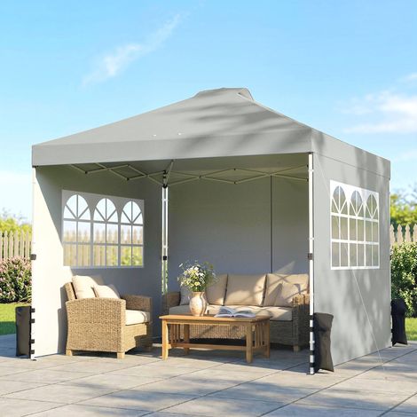 Pavillon ca. 3x3 m Wasserdicht Höhenverstellbar Pop-up Faltpavillon mit 3 Seitenwänden Fenster Lüftung, UV 50+ Hellgrau