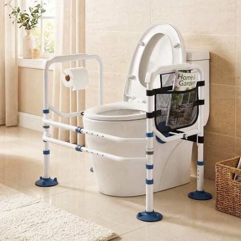 Cadre d'appui WC blanc réglable en hauteur et largeur avec 6 ventouses et porte-rouleau pour salle de bain et toilettes (1/5)