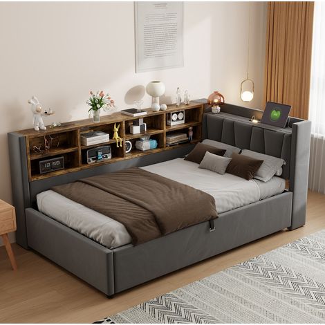 Cama dormitorio tapizada con almacenaje USB luz 90x200 OKMYHOME (1/5)