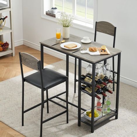 Ensemble Table de Bar avec 2 Tabourets, Table Haute avec Rangement, Assises Rembourrées en PU, Structure Métal et MDF, Gris (1/5)