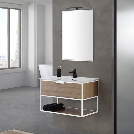 Mobile bagno sospeso 80 cm stile industrial bianco e legno Baketo (1/5)