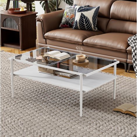 Table basse rectangulaire en verre trempé, 97,5 x 61,5 x H45 cm, gris et blanc HAVRYA (1/5)