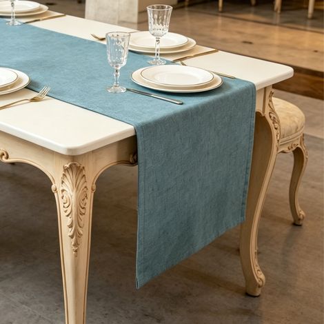 Chemin de Table, Chemin de Table à Manger Moderne et Imperméable, Effet Lin Antitache, Rectangulaire 30x140 cm - Bleu