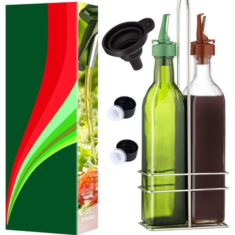 Bouteilles en Verre pour Huiles d’Olive et Vinaigres avec Bec Verseur CLICKSEAL, Lot de Versement de Vinaigre et d'Huile d'Olive 250 ml, Accessoires de Cuisine, Inc. Entonnoir Carafe en Silicone (1/5)