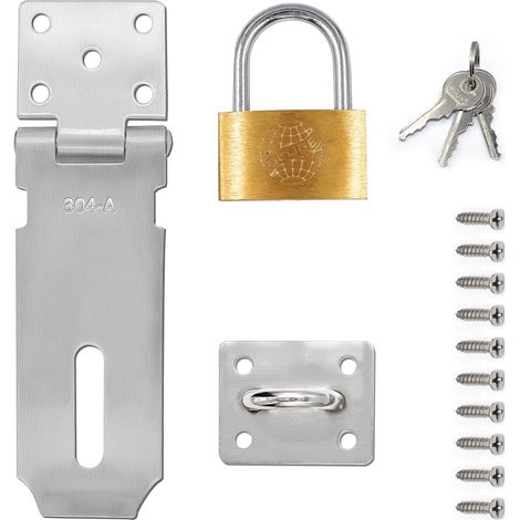 Cadenas Fermoir Moraillon Loquet de Porte en Acier Inoxydable 304 4 Pouces avec Cadenas 50mm et Vis pour Chambre, Armoire, Placard et Jardin, Argent (1/5)