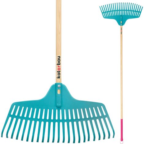 KOTARBAU® Rateau a Feuille - Plastique - 46 cm - avec Manche en Bois - 23 Dents - Rateau Jardin - Ramasse Feuille - Balai Gazon - Turquoise (1/5)