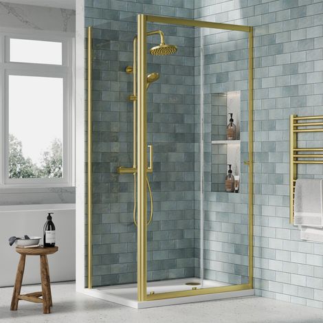 Nuie Rene Sliding Shower Door 1200mm Wide with Brushed Brass Profile - 6mm Glass