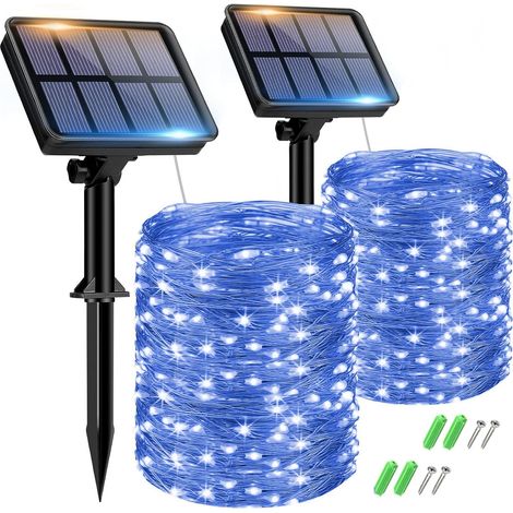 Lot de 2 Guirlande Solaire Exterieur, Totale 16m 160LED Lumineuse Étanche, 8 Modes Décoration pour Jardin Terrasse Cour Noël Mariage Fête, Blanc Chaud (1/5)