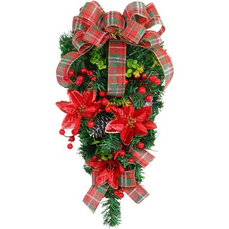 Couronne de Noël, Couronne Déco de Porte de Noël en Forme de Larme, Couronne de Feuilles Vertes avec Nœud, Couronne Artificielle pour Porte d'Entrée, Extérieur, Intérieur, Décoration de (1/5)