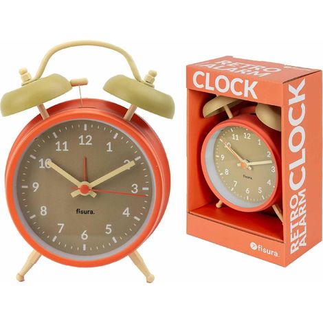 Fisura – Orologio sveglia analogico senza Tic-TAC. Orologio sveglia con luce a LED Nocturna. Quadrante 9 centimetri. 11,7 x 5,5 x 16. Metallo (Beige e arancione) (1/5)