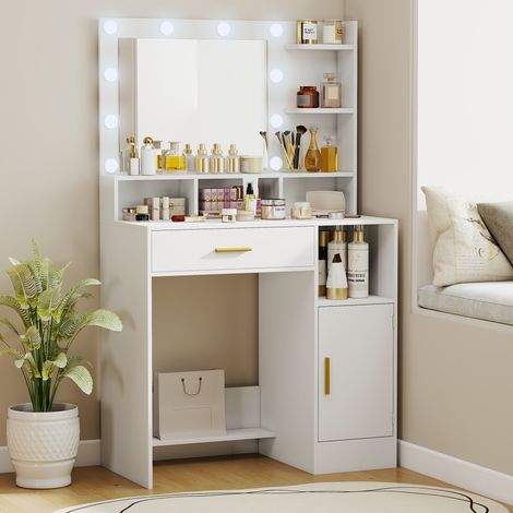 Coiffeuse avec miroir et 10 lumières LED, luminosité réglable, tiroir, placard et étagères ouvertes, 80x40x135cm, blanc (1/5)