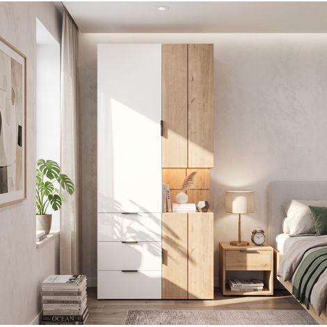Armoire 90 x 49 x 200 cm avec LED, 2 tringles et 4 tiroirs OKWISH (1/5)
