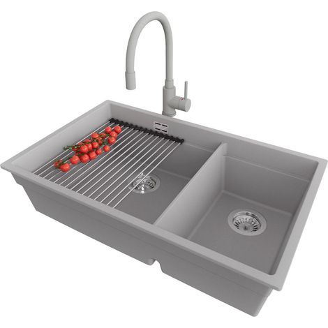 PRIMAGRAN Evier Cuisine en Granit 76x47cm, Lavabo 2 bacs + Kit de Vidage + Accessoire, Évier à Encastrer au meuble 80cm - Prague Slim Duo, Gris