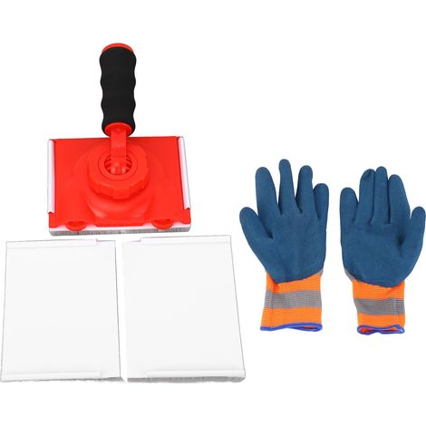Outil de peinture pour bordures avec poignée rotative et verrouillage des angles, livré avec des tampons et gants de rechange.