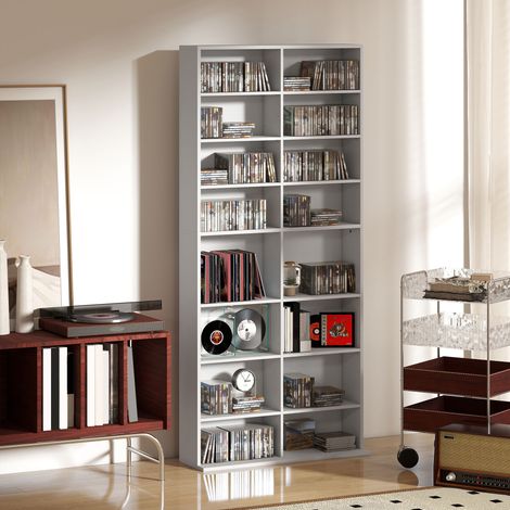 Étagère CD 14 étagères réglables capacité 640 CD/360 DVD - Dimensions: 78,5x24x175 cm - Couleur: Blanc (1/4)