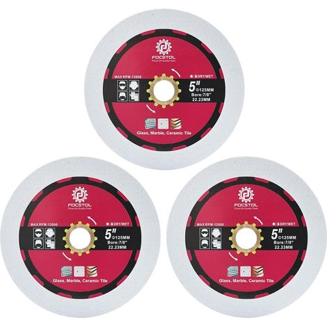 Diamond Glass Disc 125 mm – 3 Pieces Double Sided Cutting Grinding Blade Diamond Saw for Glass Jade Crystal Wine with a Bore 22.23 mm x 15.88 mm (1/5)