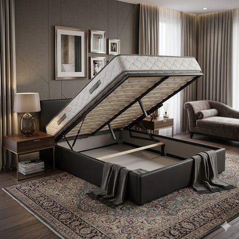 Ensemble Lit Coffre et Matelas 120x190 cm - Couleur : Noir - Sommier Relevable avec Grand Coffre de Rangement et Vérins Hydrauliques - Matelas Soutien Très Ferme Haute Densité - Lit Coffre Déhoussable (1/5)