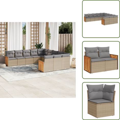 The Living Store 11-tlg. Garten-Sofagarnitur mit Kissen Beige Poly Rattan - Gartensessel