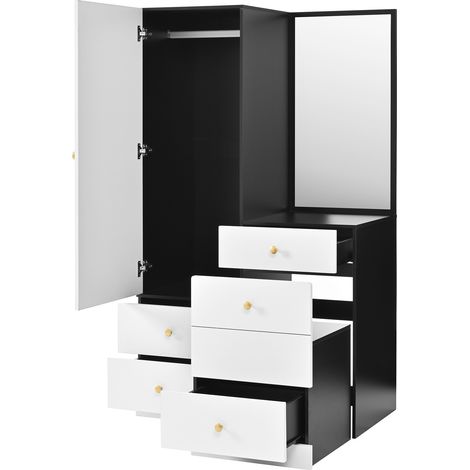 Multifunktionaler Schminktisch-Schrank aus MDF in Schwarz-Weiß mit Spiegel und Hocker (1/5)