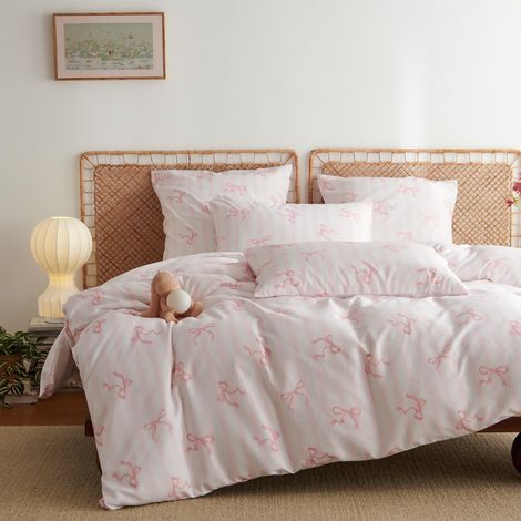 Rose Housse de Couette 140x200 cm Rayures Noeud Papillon Parure de Lit 1 Personne Ado en Microfibre avec Fermeture Éclair et 1 Taie d'oreiller 65x65cm (1/5)