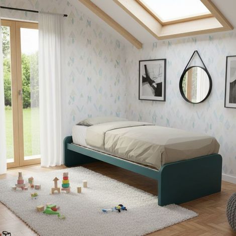 Letto singolo cameretta 80x190 con rete a doghe in acciaio e faggio - Verde Petrolio
