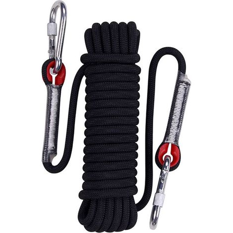 ZVD Corde d'Escalade Statique 30m Noir Corde de Parachute de Sauvetage Corde de Rappel avec Mousquetons 10mm de Diamètre (1/4)