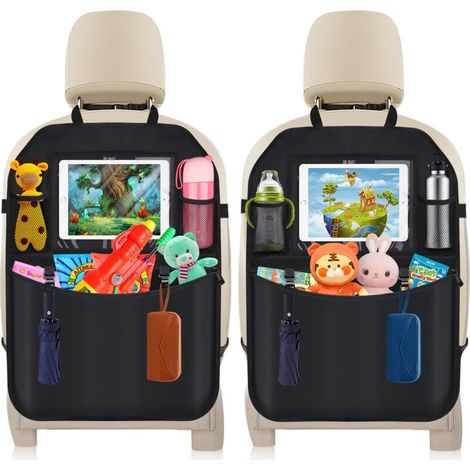 2-piece car back seat protector - with transparent pocket for tablet storage and multiple pockets for toys/books/bottles
