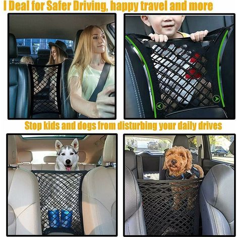 Filet de Rangement pour siège Auto,Filet de Voiture 3 Couches 2 Poches, Filet avec Crochet et barrière en Maille Extensible, Barrière de Filet de Voiture pour Chien, Animal de Compagnie ou Enfants noi (1/4)