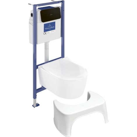 Pack inodoro suspendido sin reborde VILLEROY ET BOCH Avento + estructura de soporte ViConnect Pro + asiento con cierre suave + placa negra mate + taburete blanco