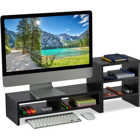 Relaxdays Supporto per Monitor con Ripiani Organizer, 2 Parti, Base Rialzata per PC da Scrivania, Casa e Ufficio, Nero