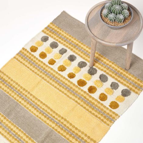 HOMESCAPES Tapis Cotton Chenille Motif Cercles - Jaune Moutarde 60 x 100cm