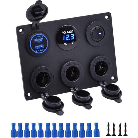 Panneau étanche Multifonction 6 en 1 avec Prise de Courant 12V Chargeur Double USB Voltmètre à LED Bleue Interrupteur Bascule (1/5)
