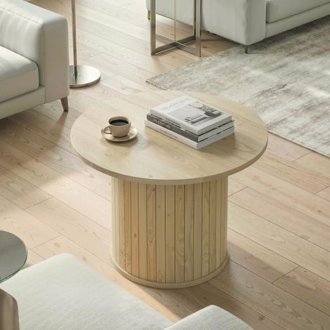 Mesa de Centro Redonda con Base de Columna con Listones para Sala de Estar Dormitorio Ø60x40 cm Natural (1/5)