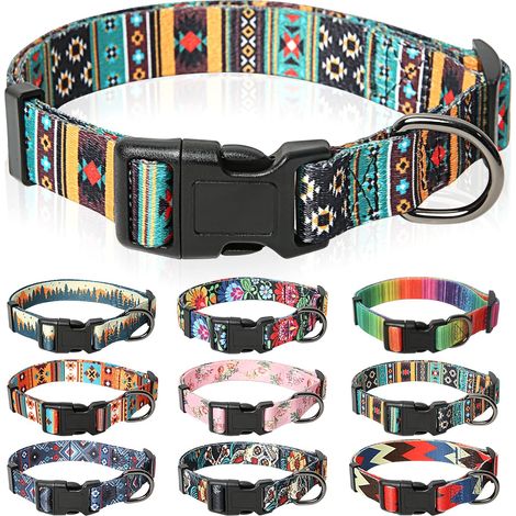 Collier pour Chien, Collier de Style Doux et Confortable avec Motifs Uniques Bohème Fleurs Multicolores, Ajustable avec Fermeture Rapide pour Petit, Moyen et Grand Chien, Cyan, M (1/5)