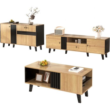 VVBV Ensemble meubles de salon, 3 pièces, meuble TV, table basse, rangements assortis, Noir (1/5)