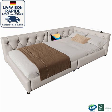 Cama tapizada para adultos 90x200 - somier de láminas - lino - puertos y enchufes USB+Tipo C - Respaldo con botones - Iluminación ambiental con mando a distancia - Beige (1/5)