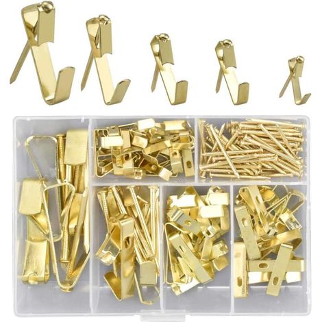accroche tableau, 130 Pcs Crochets photo robustes avec clous Kit de suspension d'image sur matériel de suspension en bois/cloison sèche pour toile, photos de bureau, horloge, miroir (1/4)