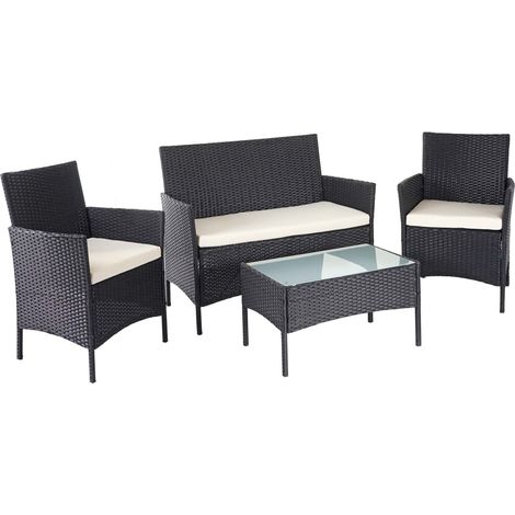 Poly-Rattan Garten-Garnitur HHG-502, Sitzgruppe Lounge-Set schwarz mit Kissen creme
