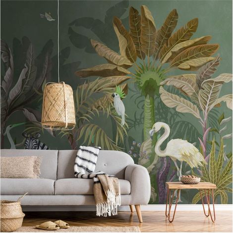 Sfondo fotografico Profhome 382371 Carta da parati TNT goffrata a caldo liscia con design giungla opaca verde bianco beige lilla 3,71 m x 2,8 m (1/4)